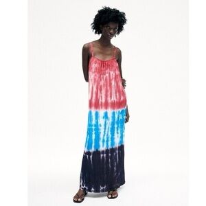 NWT Women ZARA TIE DYE BLOGGERS FAV MAXI Slip DRESS MEDIUM Red Blue Beach,Size M
